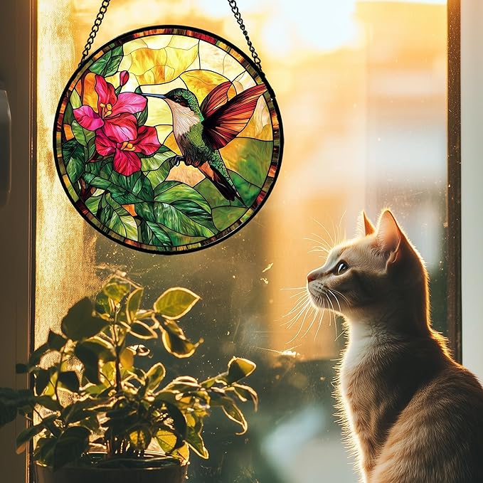 Stained Glass Suncatcher, Hummingbird Red Flowers Green Leaves Sun Catcher Stain Glass Window Hanging Decoration Mother's Day Birthday Gifts for Bird Lover Women Men Mom Nana 6.3 in