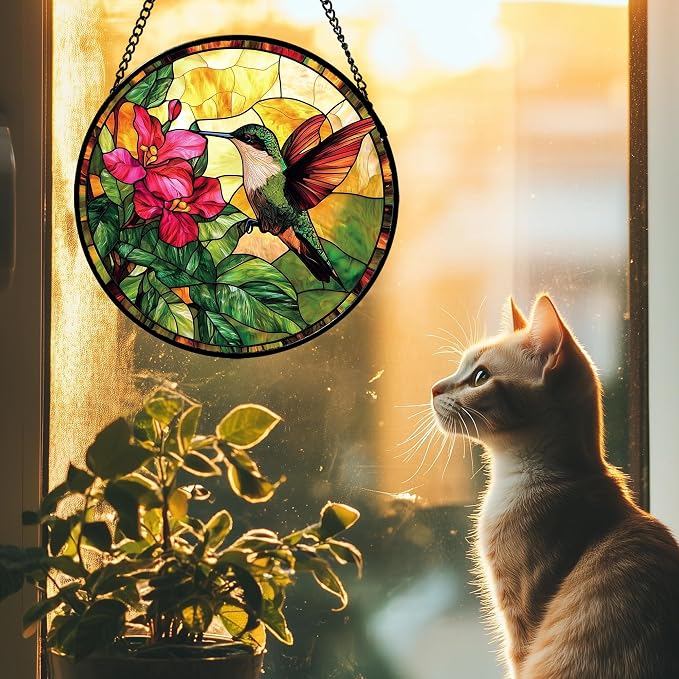 Stained Glass Suncatcher, Hummingbird Red Flowers Green Leaves Sun Catcher Stain Glass Window Hanging Decoration Mother's Day Birthday Gifts for Bird Lover Women Men Mom Nana 7.8 in