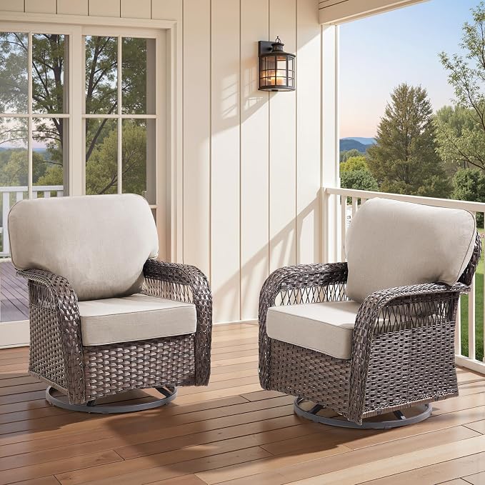 Patio Furniture Sets, 2 PCS Wicker Outdoor Furniture - Patio Swivel Rocking Chairs with All-Weather Olefin Cushions for Garden, Porch, Backyard, Beige/Brown Wicker