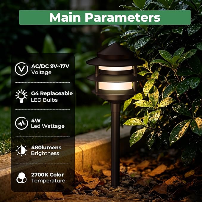 Gardencoin Pagoda Low Voltage Landscape Pathway Lights, 12V Outdoor LED Path Lights Wired, Aluminum Walkway Lighting with 4W 2700K Replaceable G4 Bulb, Bronze Classic 3-Tier Lantern, 12 Pack