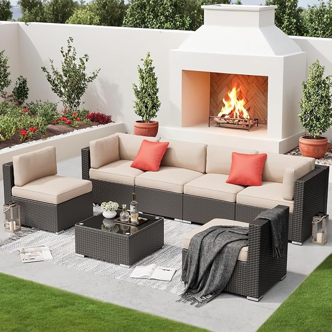 7 Piece Outdoor Sectional Sofa Patio Furniture Set Wicker with Cushions and Coffee Table, Outdoor Conversation Set for Backyard Garden Deck Lounge(Beige)