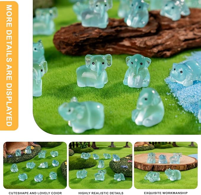 60 pcs Mini Resin Elephant Many Styles Variety Tiny Luminous Animals Figures Miniature Little Small Animal Figurines Bulk for Micro Fairy Garden Landscape Accessories Hide Crafts Decor Aquarium