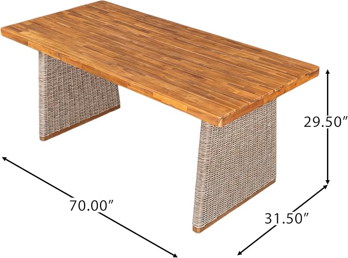 Merax 2-Piece Outdoor Dining Set Acacia Wood, 1 Table + 1 Bench, Slatted Design Tabletop & Woven Rattan Legs, Weather-Resistant Rectangle Patio Dining Set, Brown