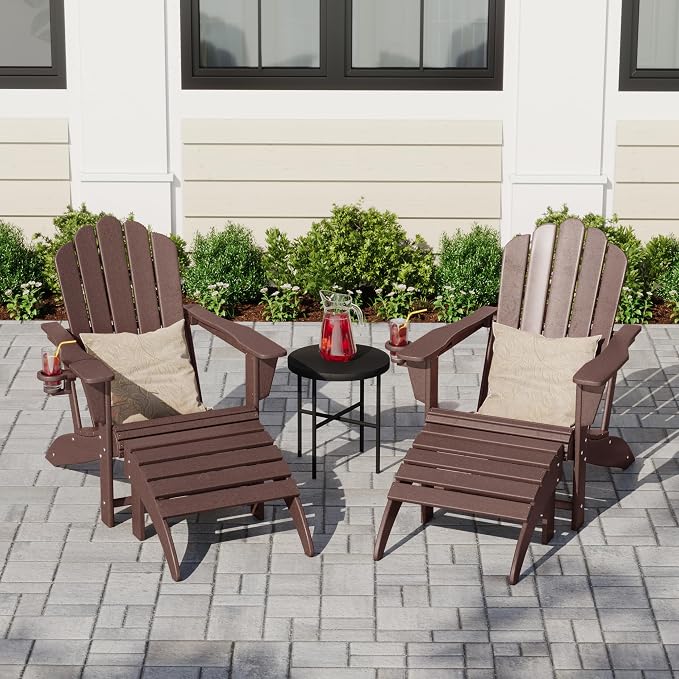 Costaelm Lakeview 4-Piece Outdoor Patio HDPE Adirondack Chairs with Ottomans and Cup Holder Set, Dark Brown
