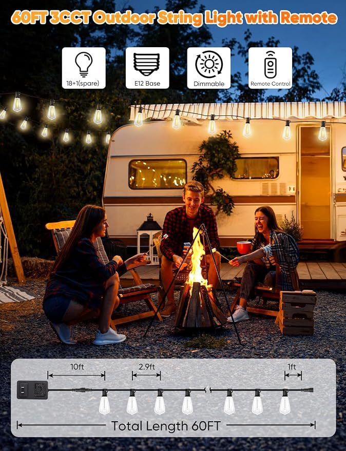 60FT Outdoor String Lights with Remote, 3 Color in 1 LED String Lights for Outside with 19 Shatterproof ST38 LED Bulbs, 3 Modes 2 Timer Outside Lighting for Patio, Deck, 2700K/4000K/5000K