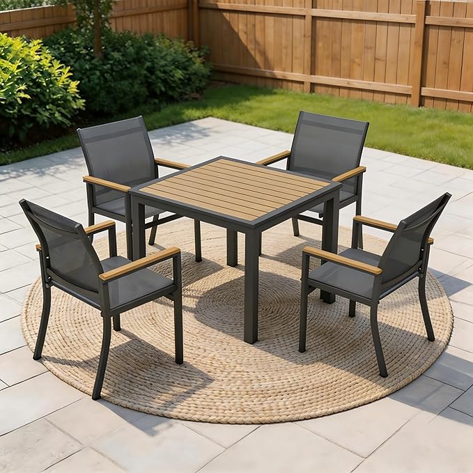 5-Pieces Aluminum Patio Table and Chairs Set, Outdoor Patio Furniture Set with Heavy Duty HDPS Square Table, All-Weather Outdoor Dining Set with Breathable Quick-Drying Textilene Chairs for Patio