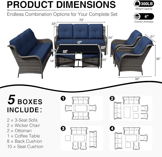 Joyside 7 Piece Wicker Patio Furniture Set, Rattan Patio Chairs with High Back, Deep Seating, Wide Armrest, Thickened Cushions, Outdoor Furniture for Deck, Porch Use
