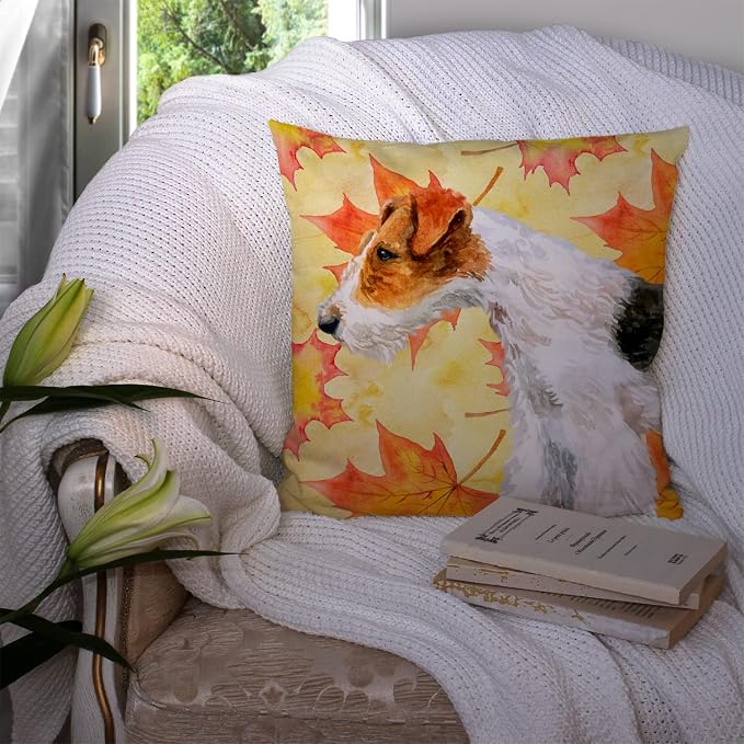 Caroline's Treasures BB9911PW1414 Fox Terrier Fall Fabric Decorative Pillow, Yellow Machine Washable, Indoor Outdoor Decorative Pillow for Couch, Bed or Patio, 14Hx14W