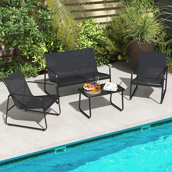 Tangkula 4 Pieces Patio Furniture Set, Outdoor Conversation Set with Tempered Glass Coffee Table, Outdoor Garden Porch Furniture Set with Breathable Fabric and Rustproof Metal Frame (1, Black)