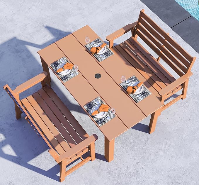BRIOPAWS Outdoor-Dining-Table-Set | 3 Piece | HDPE | 2 Benches Chairs Sets for 4 | Patio Dinner Furniture | All Weather | Umbrella Hole | for Poolside Deck Backyard Outdoors | Teak