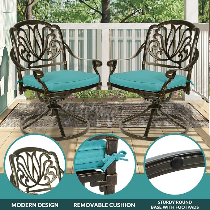 MEETWARM 9-Piece Outdoor Patio Dining Set, All Weather Cast Aluminum Patio Funiture Table and Chairs Set- 94.5” Rectangular Table and 2 Swivel Rocker Chairs, 6 Stationary, Umbrella Hole, Ocean Blue