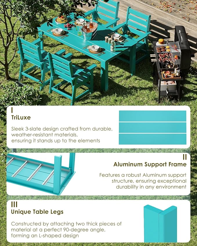 GREENVINES Outdoor Dining Table | 67’’ | HDPE | Rectangle Tables for 6 | All-Weather | Umbrella Hole | Patio Furniture | for Poolside Backyard Garden | Aqua