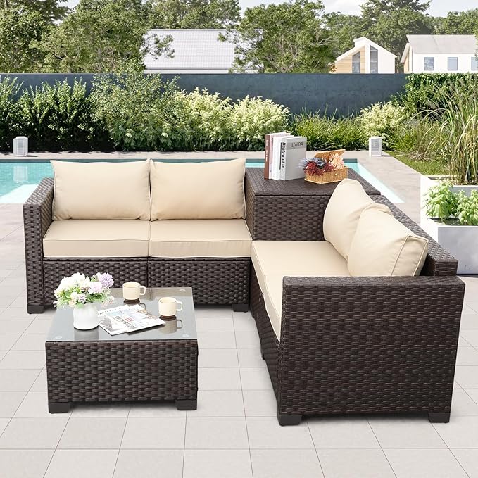Valita Wicker Patio Furniture Set 4 Pieces Outdoor Sectional Conversation Sofa Set with Storage Box and Glass Table with Cushions and Furniture Covers, Khaki