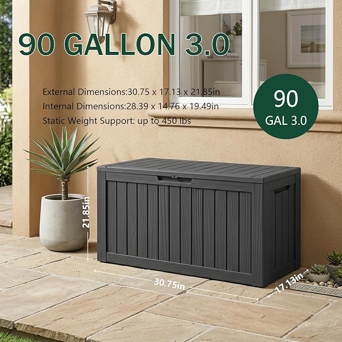 Outdoor Storage Box, 90 Gallon Waterproof Deck Box [Upgraded 3.0], Robust Weatherproof Organizer for Deep-Seat Cushions, Sports Equipment, Lockable Garden Tool Bench Seat, Side Yard, Black