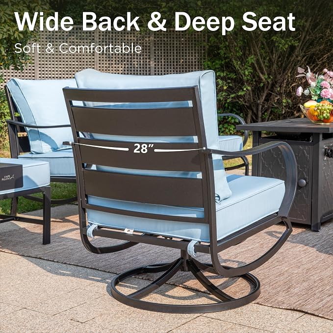 PHI VILLA Patio Furniture Chair Set for 2, Deluxe Outdoor Conversation Set with 2 Swivel Padded Sofa Chair, Full Metal with 5.8" Cushion for Deck, Lawn, Garden(Blue)