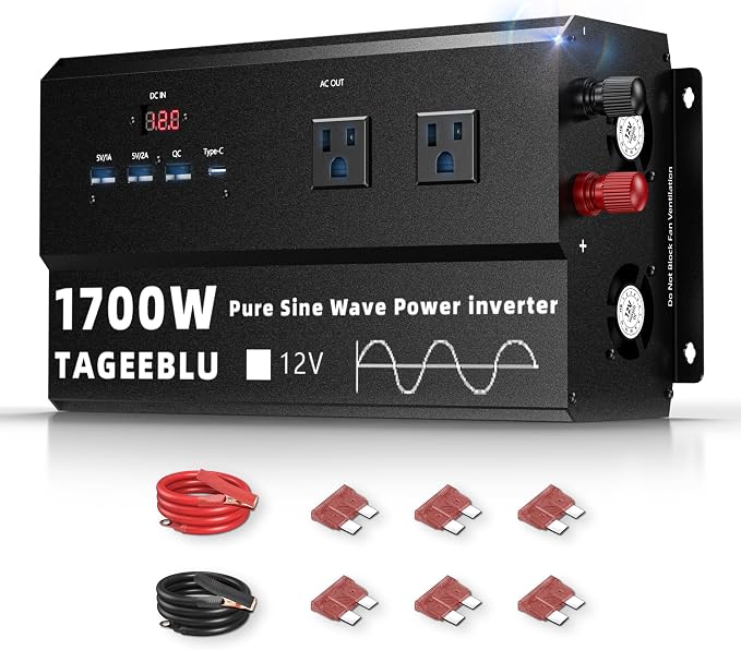 Pure Sine Wave Inverter [1700W] - 3400W Surge, 12V DC to 110V AC Heavy Duty Power Inverter for RV, Truck, Home, Solar, Off-Grid, Outdoor, Car Converter with 4 AC Outlet & 4 USB (30W QC & PD)