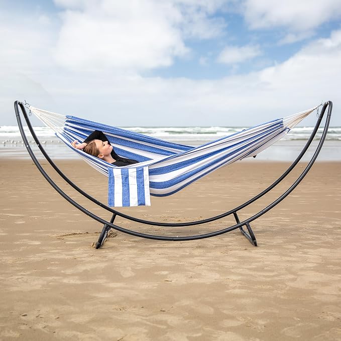 SUNCREAT Portable Large Hammock with Stand, Two Person Hammock with Stand Included, Patent Pending, Blue White