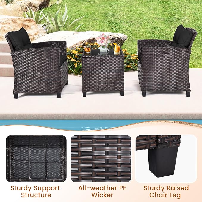 ORALNER 3 Pieces Patio Furniture Set, Outdoor Wicker Conversation Set Rattan Chairs with Cushions, Glass Coffee Table, Bistro Set for Front Porch Balcony Garden Deck Poolside (Black)