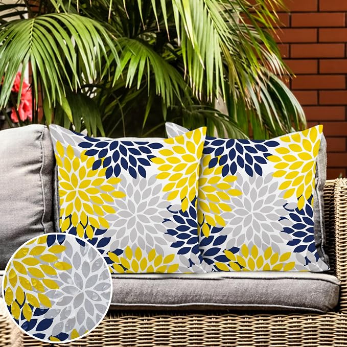Yellow Blue Dahlia Floral Outdoor Pillow Covers 18x18 Set of 2 Waterproof Abstract Flower Summer Decorative Outdoor Pillow Covers for Patio Furniture Porch Couch Home Decoration (Navy Yellow)