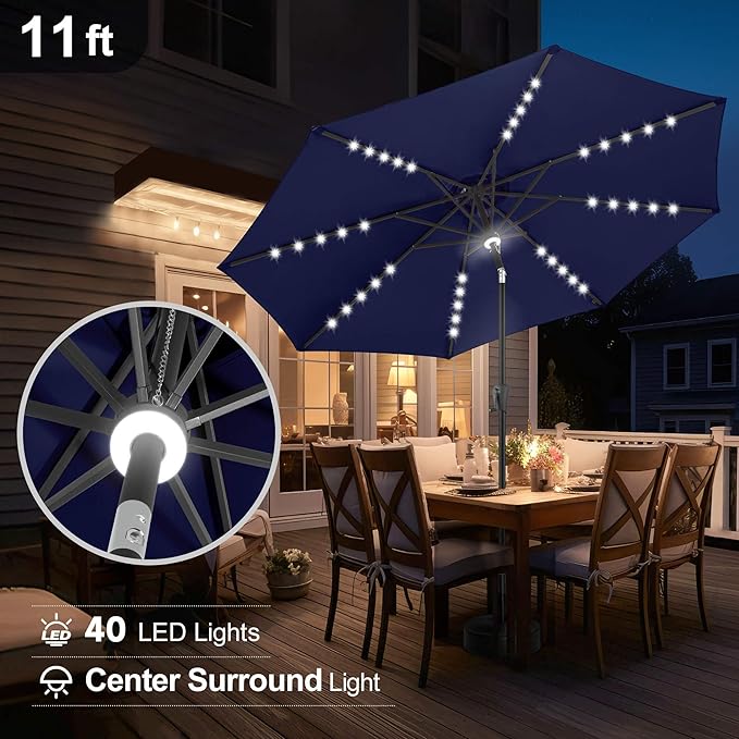 FLAME&SHADE 11 FT Solar Light Patio Umbrella, 40 LED lights outdoor umbrella with Centre Surround Light, Table Market Umbrella for Deck, Pool, Porch, Backyard, Garden, UV Protection, Navy Blue