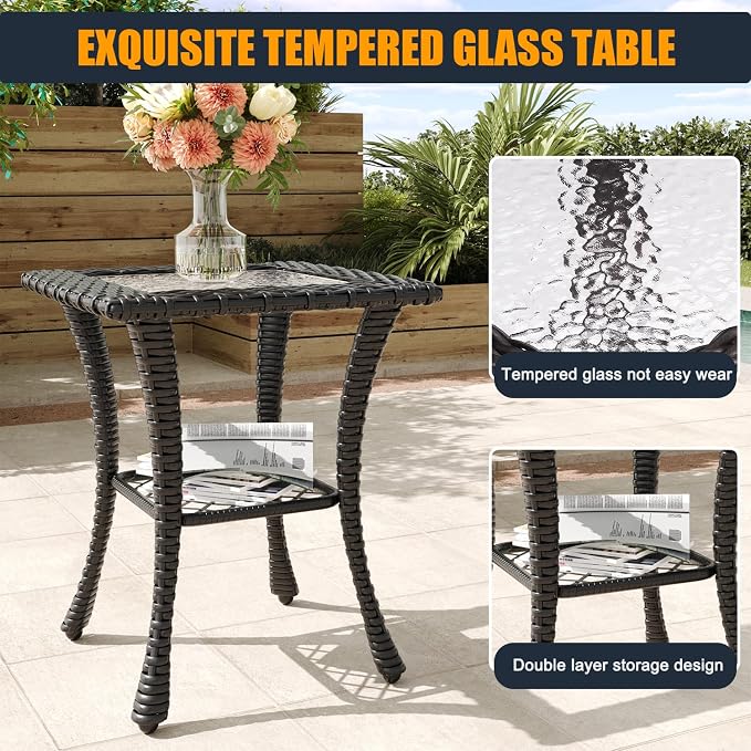 3 Pieces Outdoor Wicker Patio Swivel Rocking Chairs, All Weather Wicker Conversation Set with Side Table