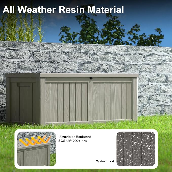Vixzen 121 Gallon Resin Deck Box, Lockable Outdoor Storage Box for Patio Cushions Storage Furniture,Garden Tools, Pool Supplies, Weatherproof and UV Resistant- Grey
