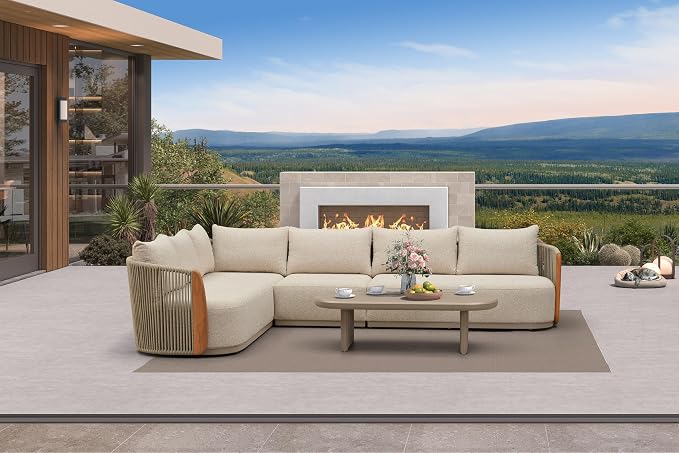 PURPLE LEAF 5-Piece Patio Furniture Set, L-Shaped Modular Outdoor Sectional Sofa with Genuine Teak, Olefin Fabric, 9" Thick Backrest & Aluminum Rope Coffee Table - Patio Conversation Sets