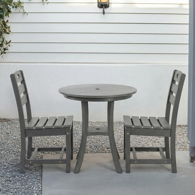 3-Pcs Outdoor Patio Dining Table Set of 3, Outdoor Patio Round 29.72'' Dining Table Bistro Set and Armless Chair for Lawn Garden Backyards, HDPE Material & 1.96'' Umbrella Hole, Gray