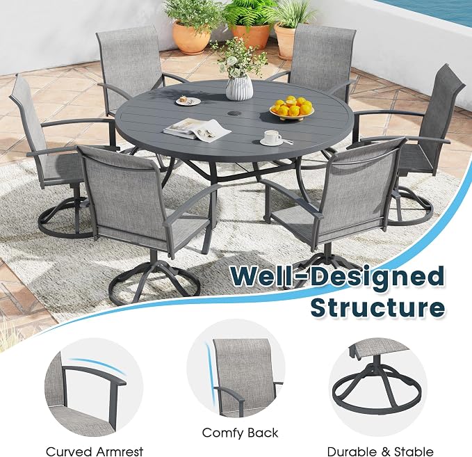 7 Pieces Outdoor Patio Dining Table Set, 50" All Weather Round Metal Table with Umbrella Hole and 6 High Back Textilene Swivel Chairs for Garden, Lawn, Poolside, Grey