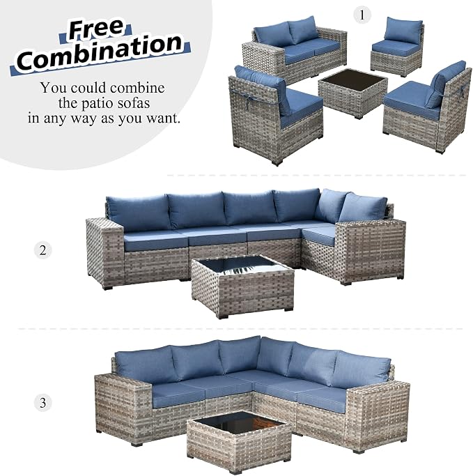 HOOOWOOO 9 Piece Modular Patio Outdoor Sectional Furniture Set with Gas Propane Fire Pit Table,Wicker Conversation Sofa Set with Swivel Chairs,Outside Couch Set(Denim Blue)