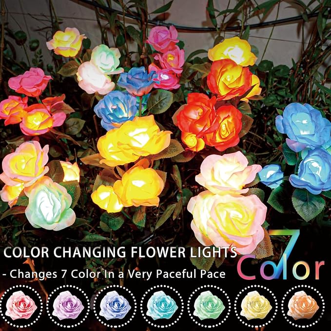 TONULAX Solar Garden Lights - Upgraded Outdoor Light, 7 Color Changing Rose Lights for Yard,Garden Decoration, Enlarged Solar Panel, More Realistic Rose Flower (6 Pack)