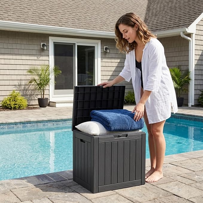 Outdoor Storage Box, 35 Gallon Waterproof Deck Box [Upgraded 3.0], Quick Snap-Lock Resin Cabinet for Seat Pillows, Patio Blankets, Lockable End Table Beverage Stand, Apartment Deck, Black