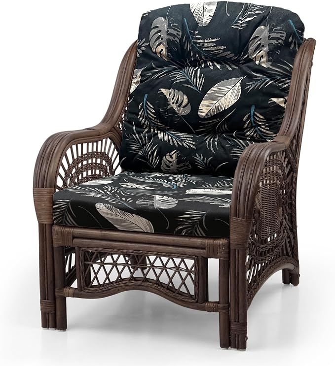 Malibu Lounge Set of 4: 2 Natural Rattan Wicker Chairs, Three-Seater Sofa and Coffee Table with Glass Handmade, Dark Brown Color with Black Leaf Cushions