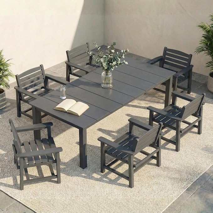 7-Piece Outdoor Dining Set with Aluminum Frame for 6,Gray | HDPE material, 2" umbrella hole, patio table and chairs, ideal for yard, lawn, garden, balcony, deck, poolside