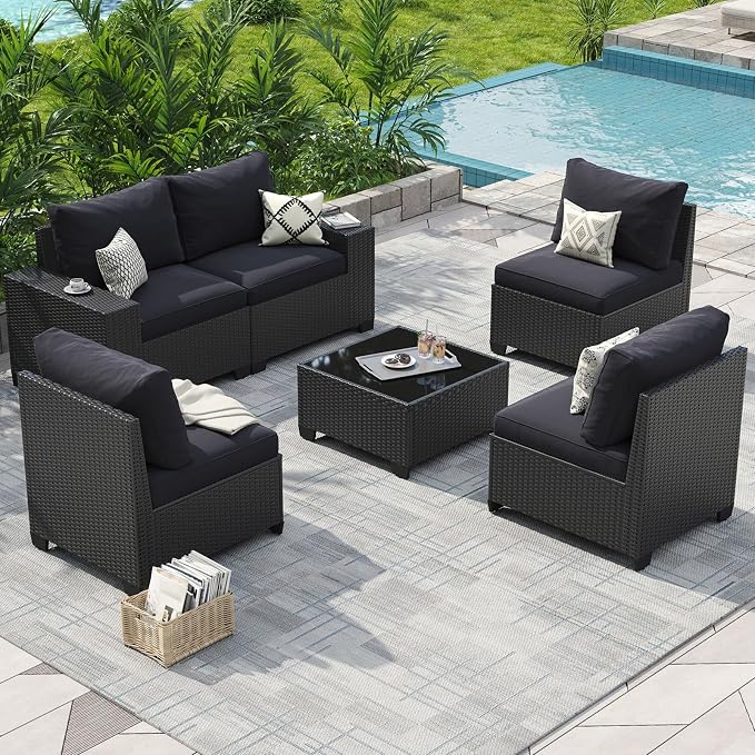Aoxun Patio Furniture Set, 6 Pcs Outdoor Patio Furniture Sets with 4in Thicken Cushion, Widen Armrests Wicker Outdoor Sectional for Backyard & Garden, Black