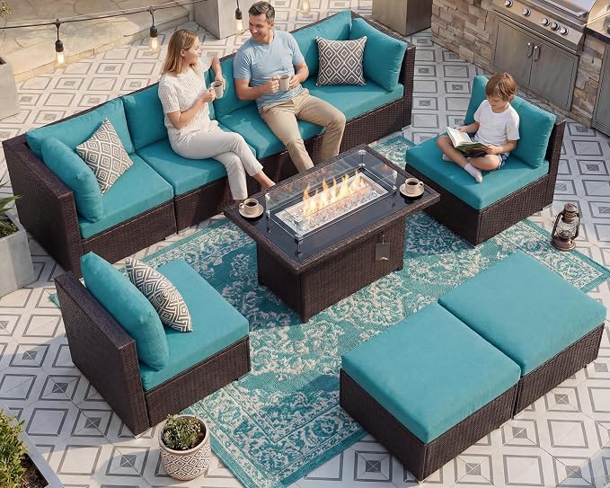 NICESOUL Large Outdoor Patio Furniture Set with Firepit Propane/Natural Gas, High-End Deep Seats Wicker Modular Sectional Sofas for 8, 29.3'' High Back Conversation Sets, Brown Rattan and Teal Cushion