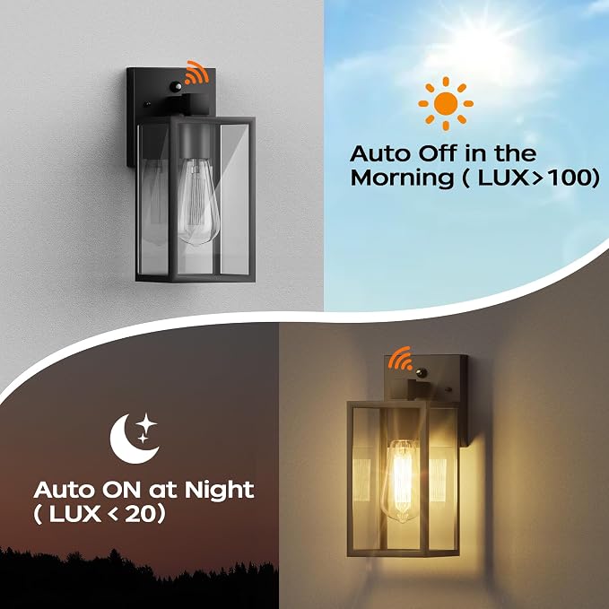 Dusk to Dawn Exterior Lighting Fixtures, Outdoor Porch Light Wall Sconce | 10.65 inch, Anti-Rust Metal Frame, Tempered Glass, E26 Base, Waterproof, Sensor Wall Lantern for Patio, Garage, Entryway
