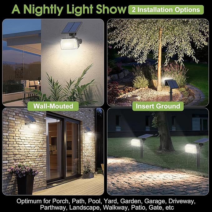 WENATY 102 LED Solar Spot Lights Outdoor Waterproof IP65, Adjustable Landscape Spotlights, [2 Pack/4 Modes] Auto On/Off Solar Powered Flood Lights for Outside Yard Garden Wall Pathway (Cool White)
