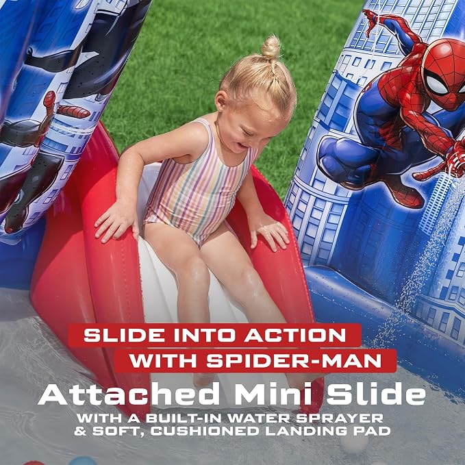 Marvel Spider-Man Inflatable Water Play Center, 6'11" x 6'9" x 50" Kids Outdoor Activity Center with Water Archway & Slide, Game, & Splash Pool