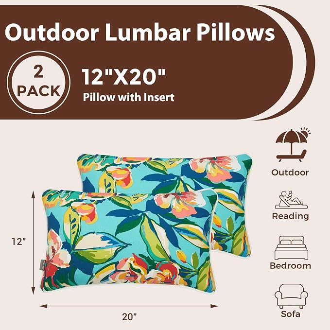 Outdoor Lumbar Pillow with Insert 12x20 Inch Pack of 2-Rosario Flower Leaf | Outdoor Pillows for Patio Furniture, Water-Repellent, Decorative Garden Pillows for Home Patio Coach Sofa Use