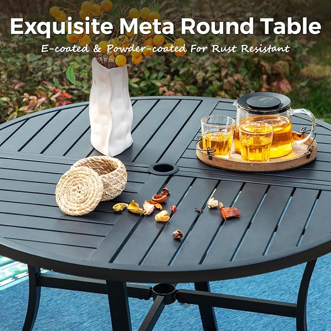 MIXPATIO 5 Piece Patio Metal Dining Set, Outdoor Table and Chairs for 4, Powder-Coating Steel Chairs with 4" Thickened Cushions, 42" Round Table with 1.57" Umbrella Hole for Deck, Backyard