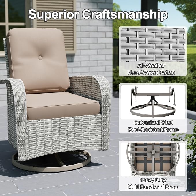 15-Piece Outdoor Patio Furniture Set, Modular Sectional Sofa Set with Swivel Rocker Chairs, Wicker Outdoor Couch Conversation Sets w/Coffee Table and Cushions, Khaki