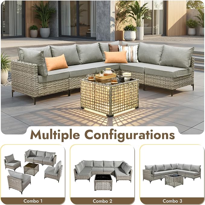 7 Pieces Patio Furniture Set with Solar Light Coffee Table, All-Weather Rattan Outdoor Sectional Conversation Sets L Shaped Sofas with Thick Cushions for Porch Balcony Backyard Dark Grey