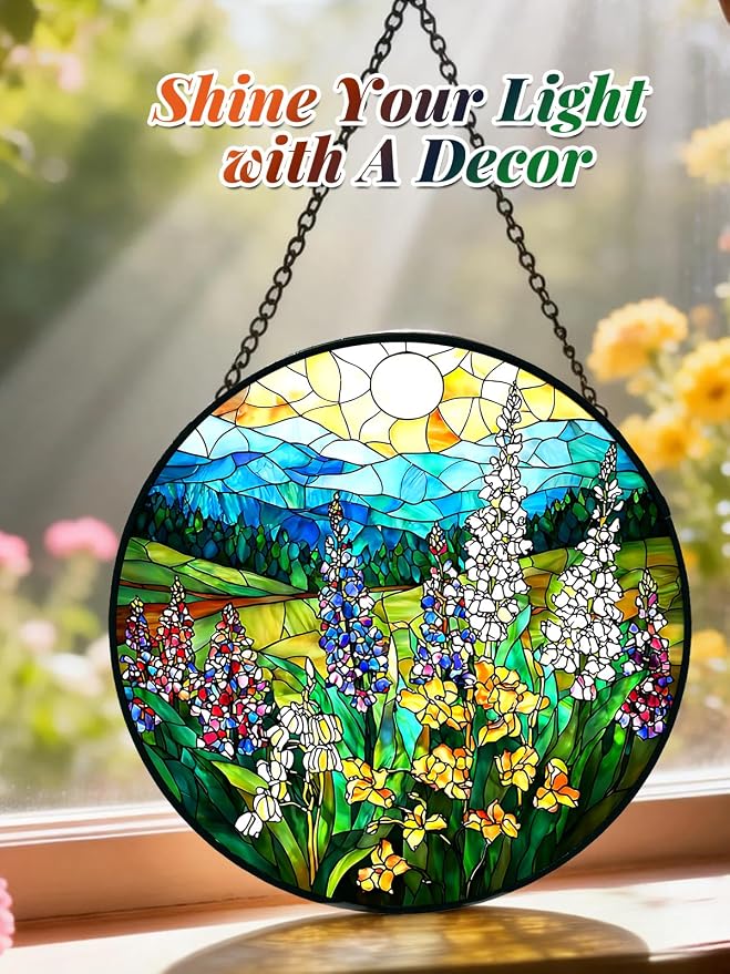 Wildflowers Stained Glass Suncatcher Window Hanging Gifts for Women Men | 7.8in Garden Sun Catcher, Plant Scenery Flower Sunrise Ornament for Door Home, Gift for Mom Grandma & Mother's Day Christmas