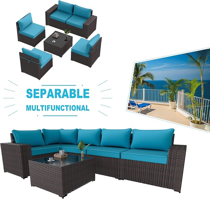Kullavik Outdoor Patio Furniture Set 6 Pieces Sectional Rattan Sofa Set Brown PE Rattan Wicker Patio Conversation Set with 5 Seat Cushions and 1 Tempered Glass Table, Turquoise Blue