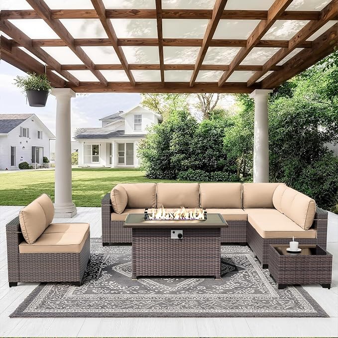 ALAULM 10 Pieces Patio Furniture Set with Propane Fire Pit Table Outdoor Sectional Sofas Patio Conversation Sets 43" Gas Fire Pit Brown PE Rattan Wicker w/8 Seat Cushions-Sand