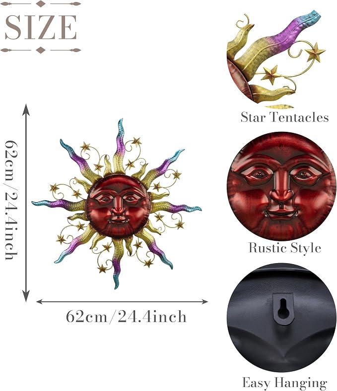 TERESA'S COLLECTIONS Outdoor Sun Metal Wall Art for Outdoor Decor,25" Red Sun Face 3D Wall Decor for Garden Decor,Rustic Retro Hanging Sculpture for Outside indoor Home Patio Farmhouse Gifts for Mom