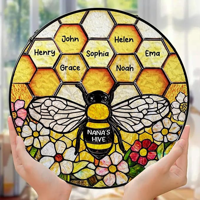 LOVELYPOD Custom Grandma’s Bee Stained Glass Sun Catcher, Personalized Window Hanging Sun Catcher with Kids Name, Nana’s Blessings, Gifts for Mom Grandma, Personalized for Grandma