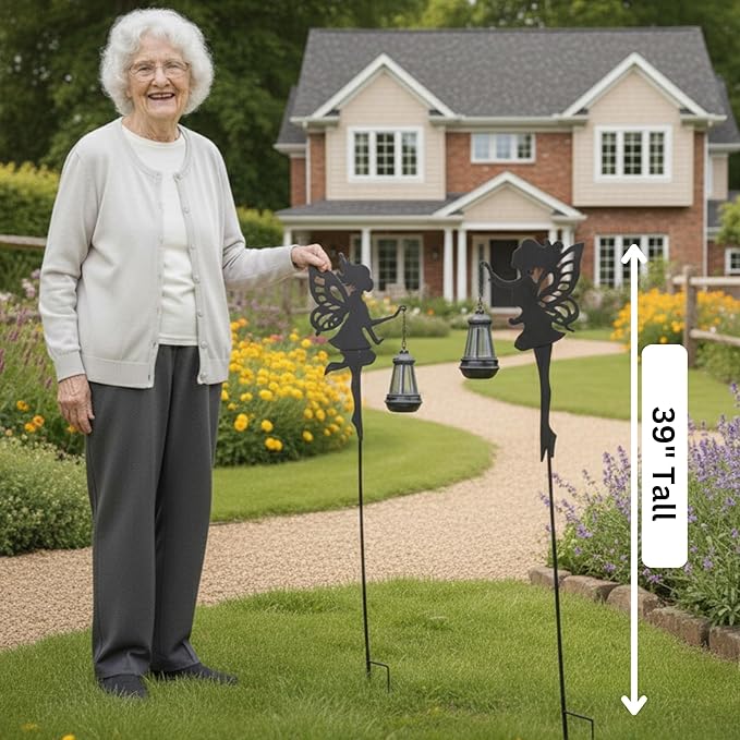 Solar Fairy Garden Accessories Outdoor 1 Pair - Metal Stakes Decorative Figurines Housewarming Ornament for Patio, Lawn, Yard, Pathway - Unique Gift Ideas for Mom Grandma (Type A Color-Shifting)