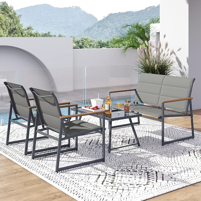 HAPPYGRILL 4-Piece Patio Furniture Set, Modern Sectional Sofa Set w/Fabric Seats, Wood-Plastic Armrests, Tempered Glass Coffee Table, Outdoor Conversation Set for Backyard Balcony Garden Porch (1)